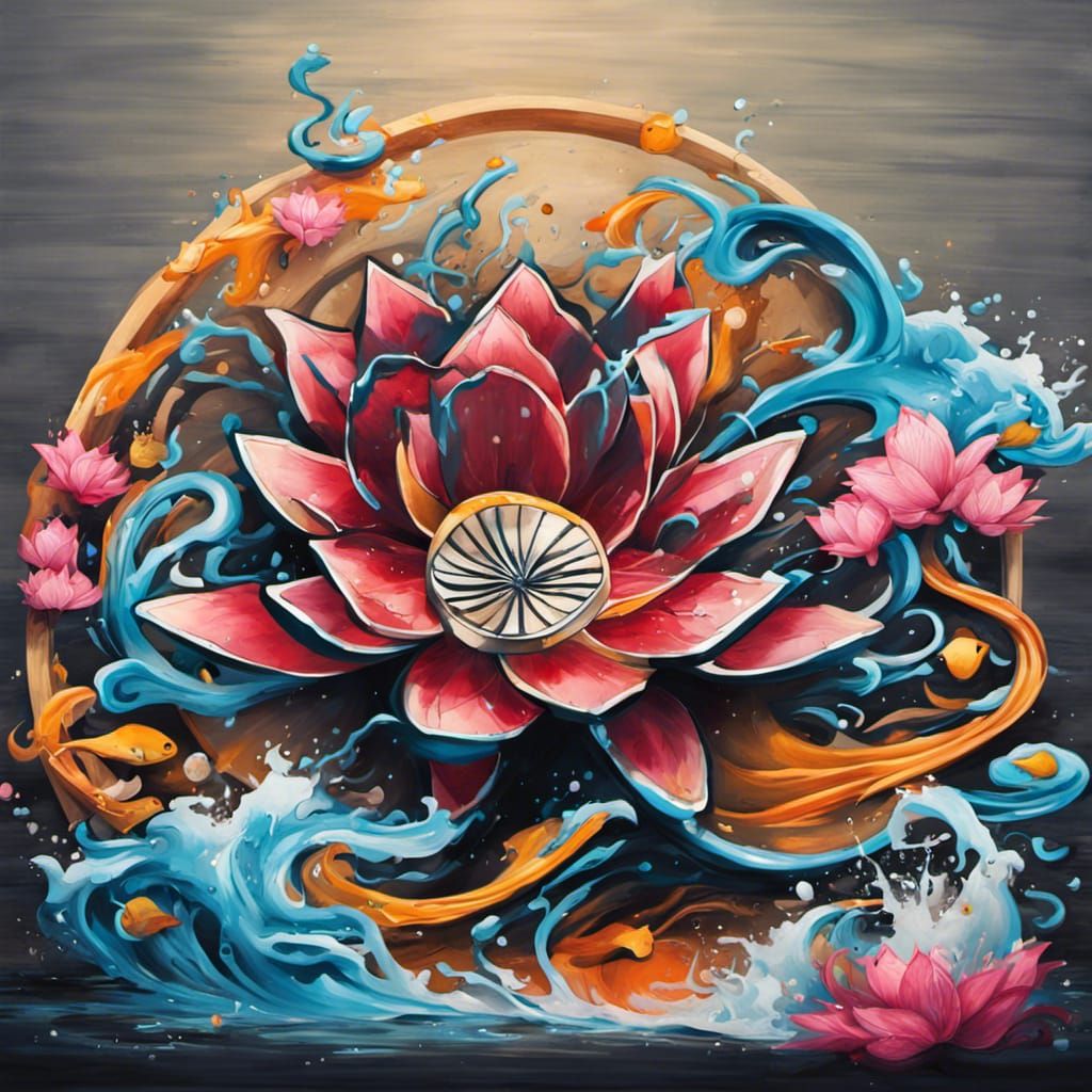 Fan, lotus, fish, water splashes, wooden, oriental