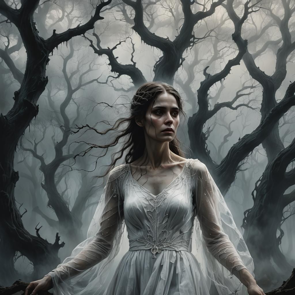Dark fantasy digital painting. Medium shot. An ethereal woman in a flowing white translucent gown stands among ancient, gnarled trees, eerie...