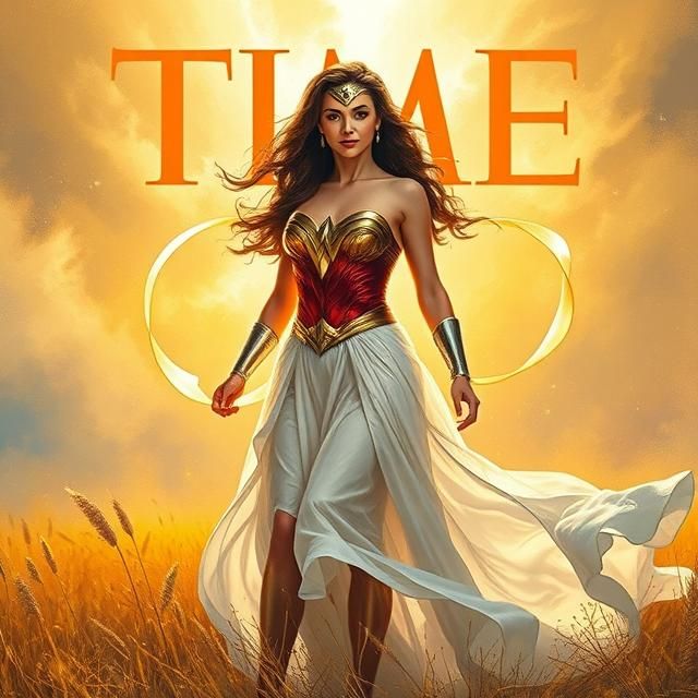 Time magazine cover featuring Wonder Woman, goddess-like, st...
