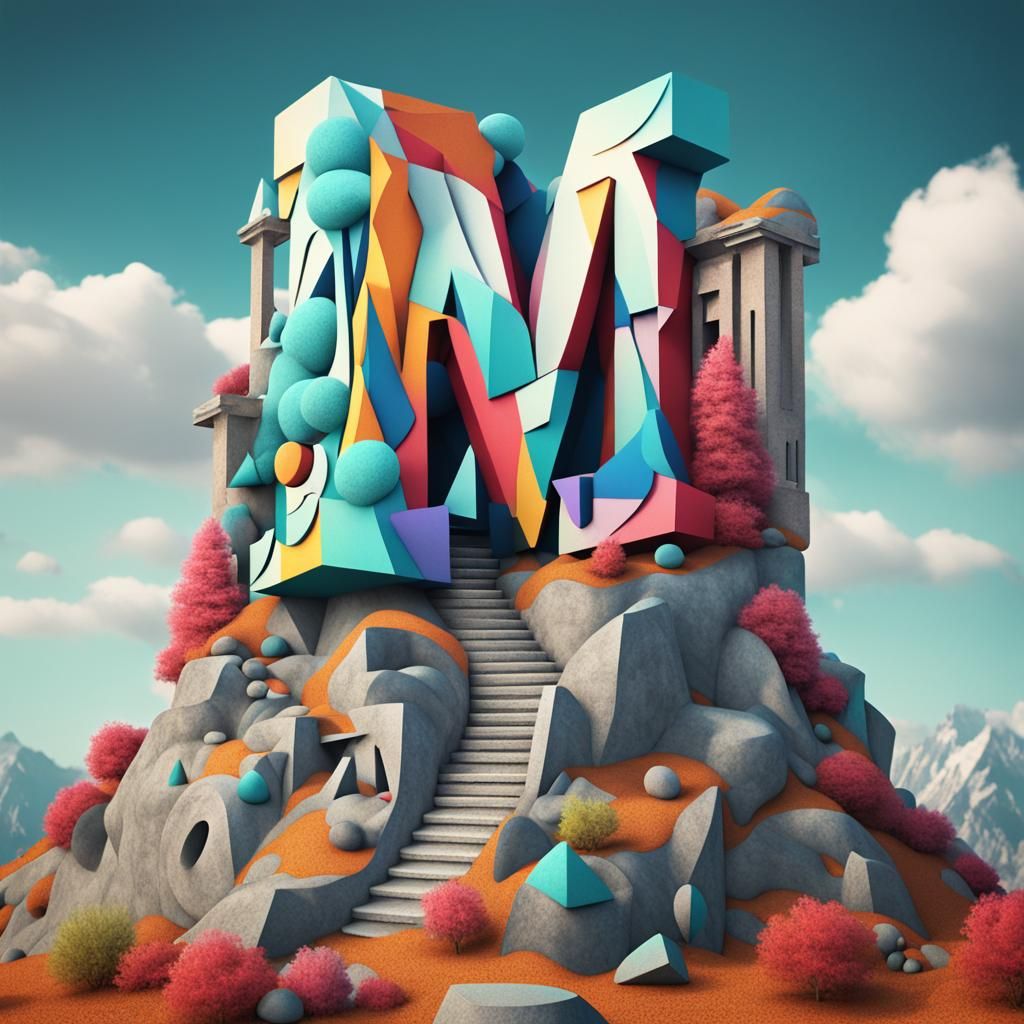 The letters "M_M" on a mountain top psychedelic colors gothi...