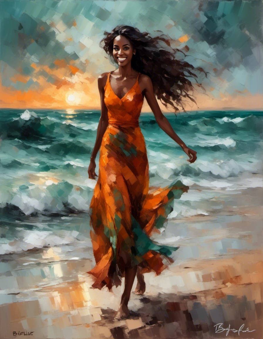 Digitalism4art-styleOilpainting artwork , Beautiful pretty young woman walking on the white sand beach, late sunset, long black curling hair...