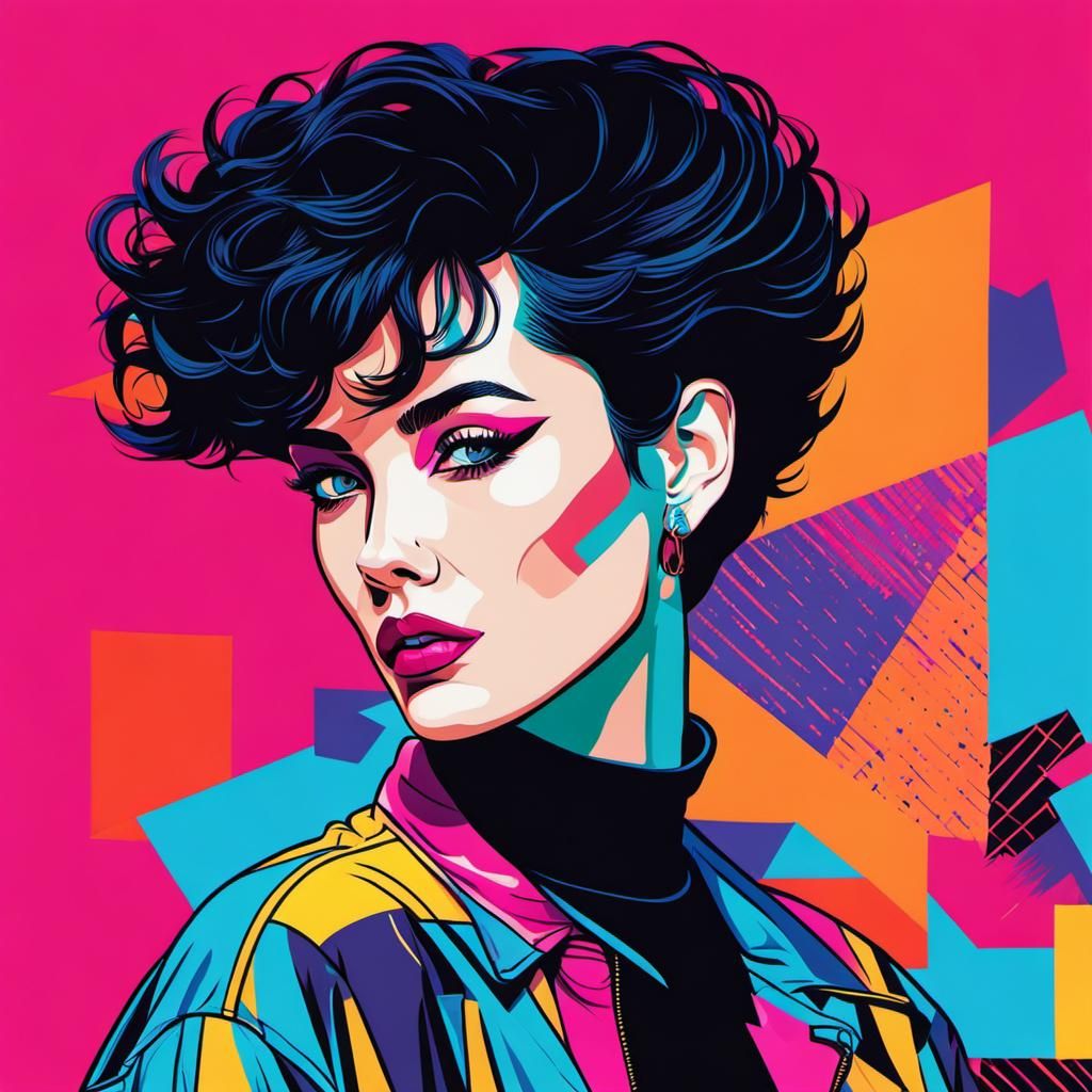 Woman with short black hair, 80s style clothes, cool style  by @Komondor