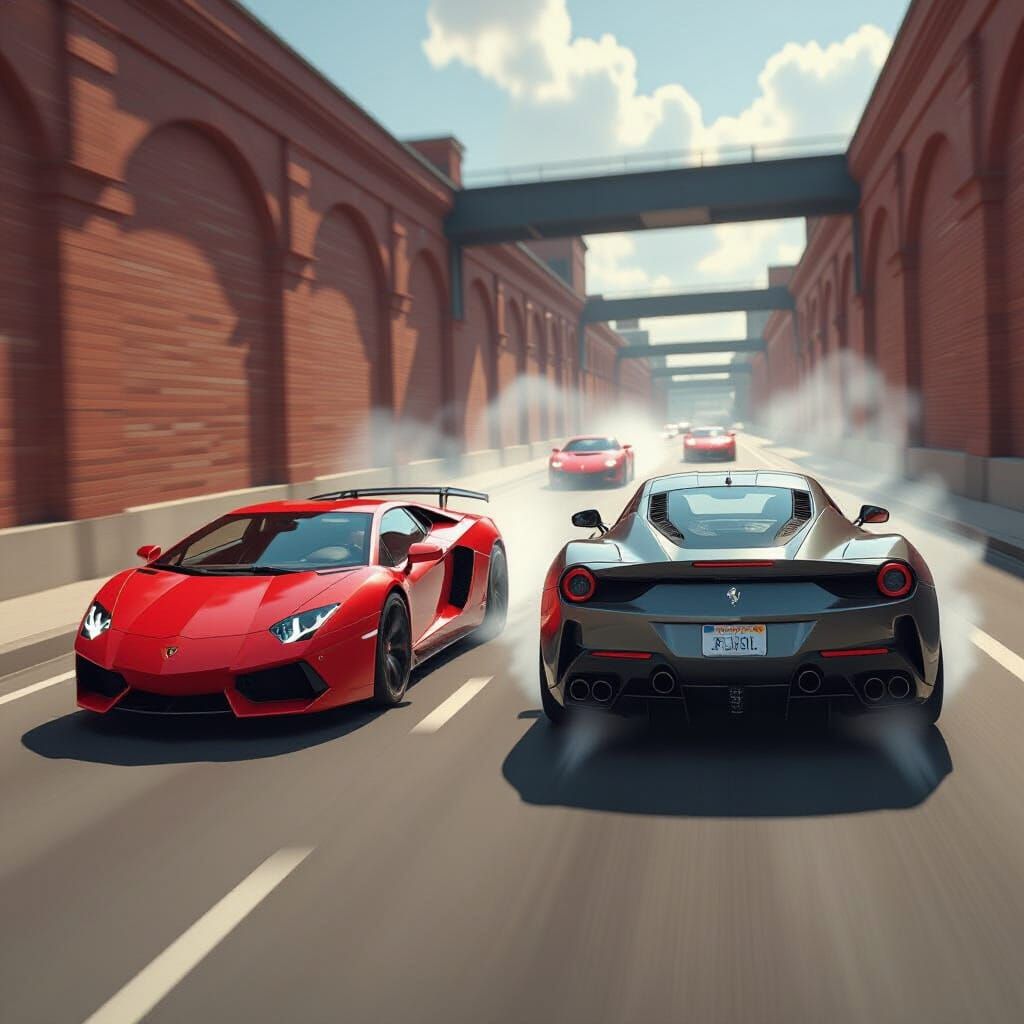 A high-octane chase on a sun-drenched highway. A sleek, matte red Lamborghini, its engine roaring, executes a daring drift, tires smoking. B...