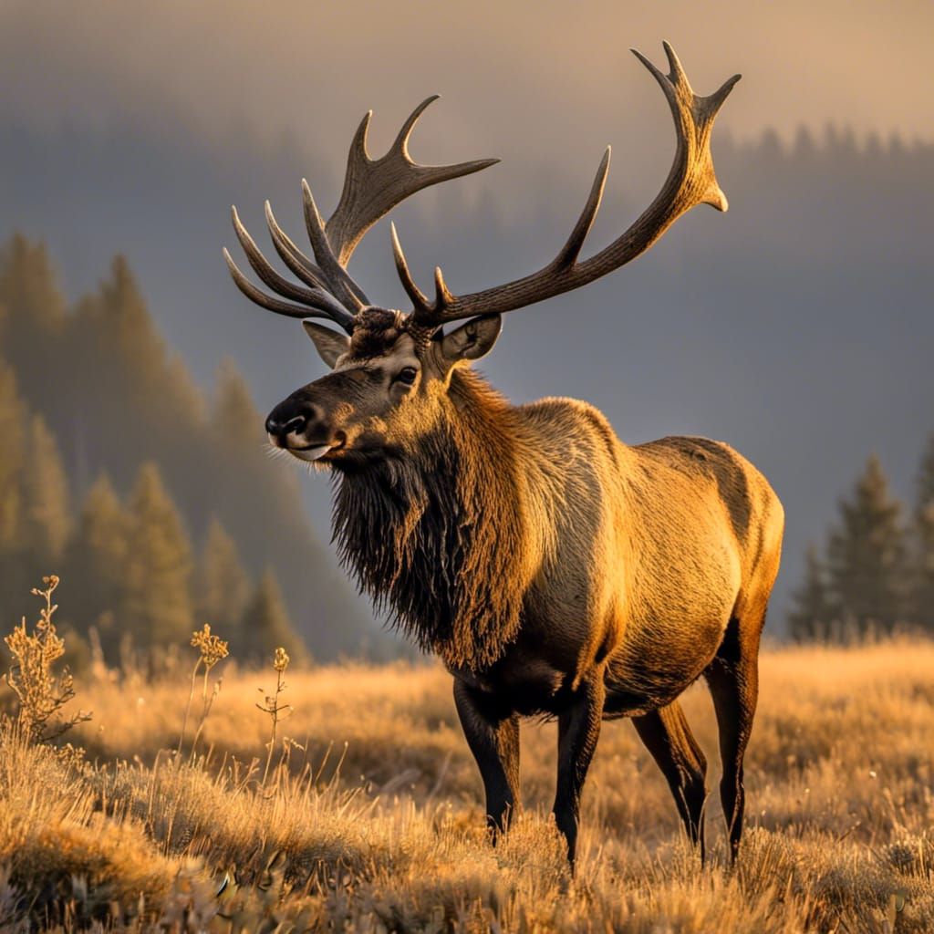 <lora:Birds:1.0> A professional photograph of an elk at golden hour