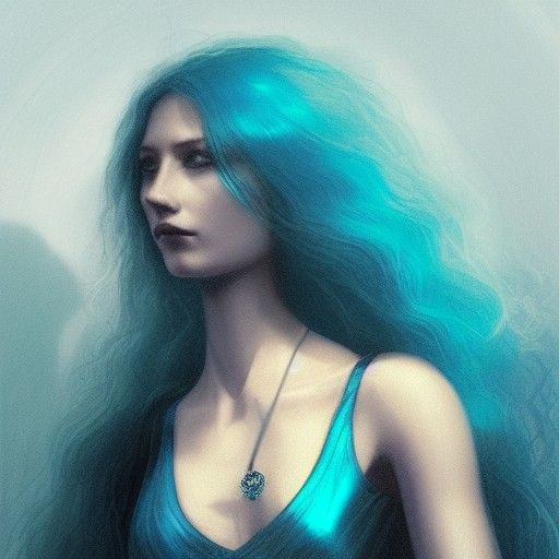 Portrait; sky-blue-skinned woman with loose, long, curly tea...