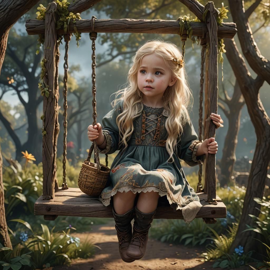 Blond Baby on Wooden Swing: Fantasy Art
