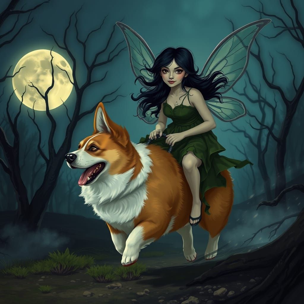 A dark fairytale scene under the light of a full moon, where a mystical, gothic-style fairy with translucent wings and flowing black hair ri...