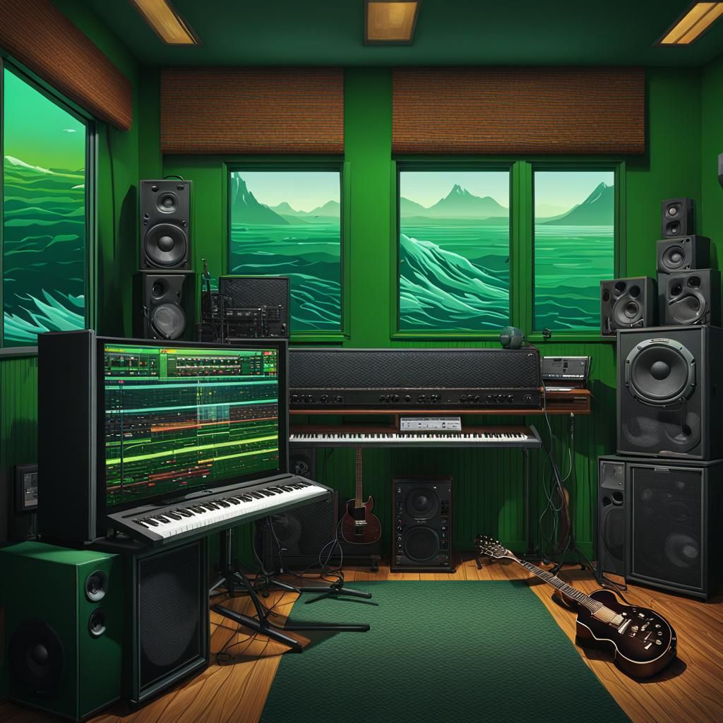 Music homestudio with Guitars and amps in background, Comput...