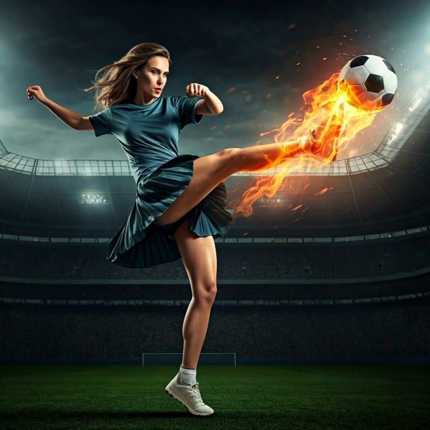 Young woman in soccer stadium shoots with her foot a soccer ball made of fire 