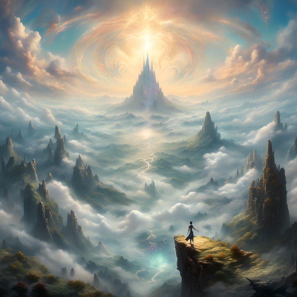 Ethereal Sylph on Mountain Peak with Air Spirits