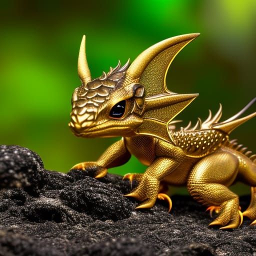 A Steampunk Crystal golden adorable baby dragon.