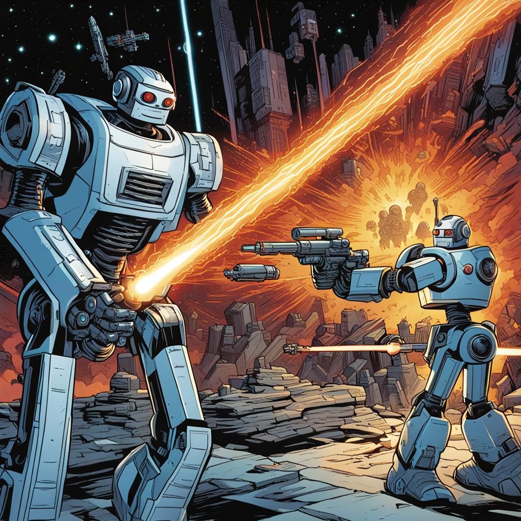 Ad Infinitum scene of robots firing a laser gun at a robot o...