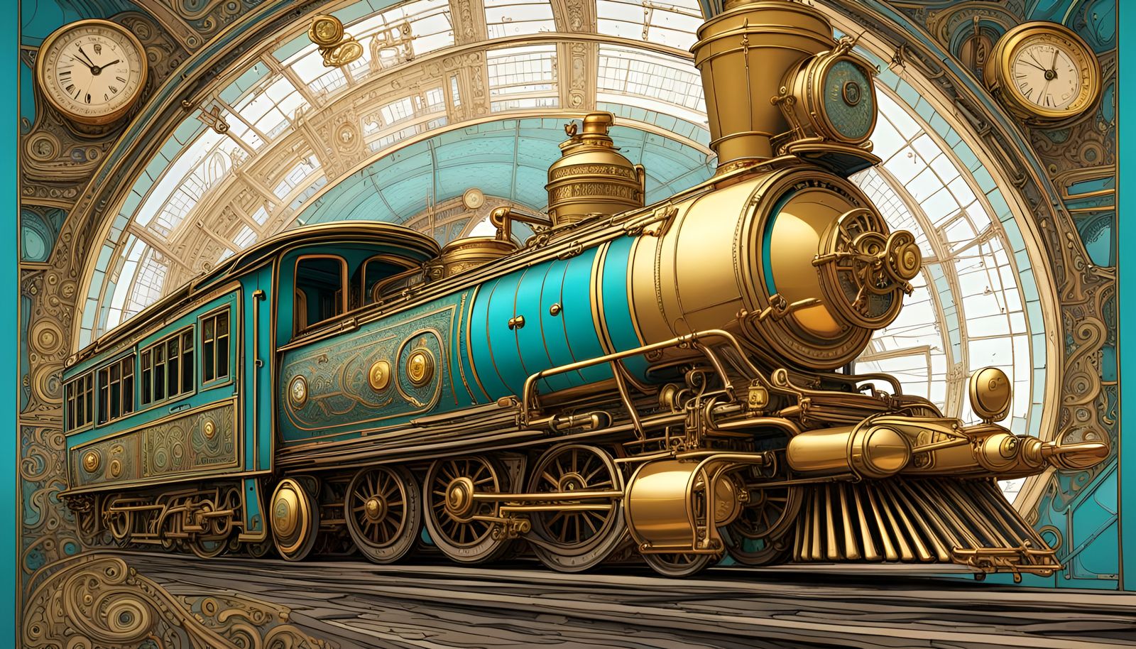 Locomotive time travel machine by Moebius steampunk gold and...