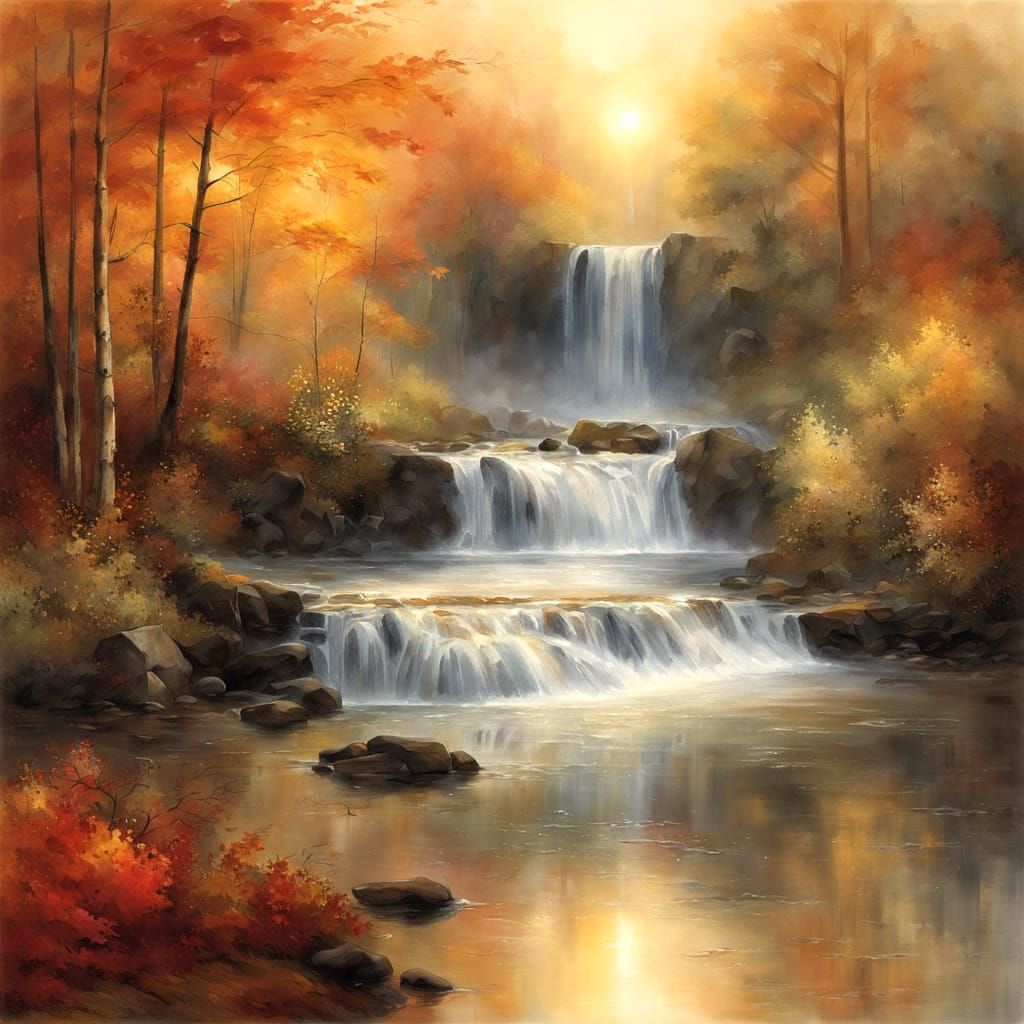 High cascading waterfall and frothing white water river flow into a crystal clear pool. Rainbows glisten in silvery mist. Forest in autumn c...