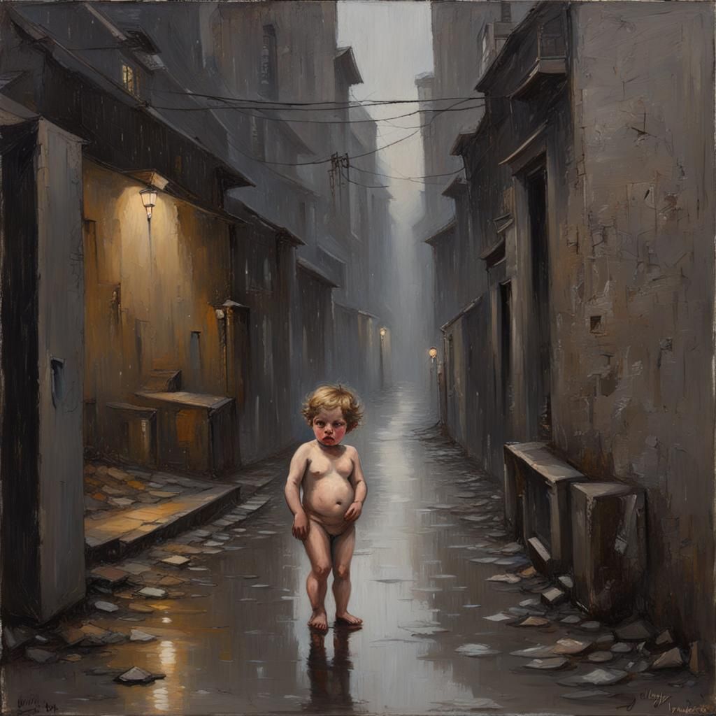 Cupid cherub standing sadly in filthy alley, rain, dark. Gre...