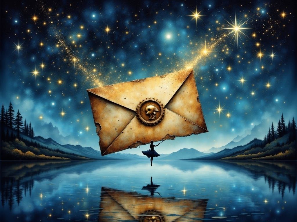 <lora:mystic flux:1.0> <lora:Flux - Painterly:1.0> <lora:Ancient Gold:1.0> <lora:Dreamy Enchantment:1.0> An oversized, antique envelope floa...