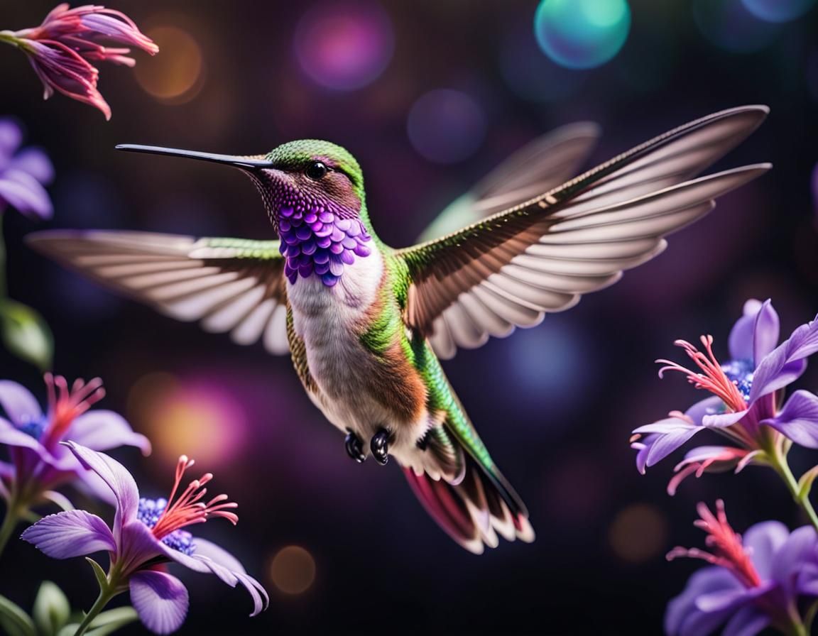 Iridescent Hummingbird Amidst Purple Flowers  by @AK
