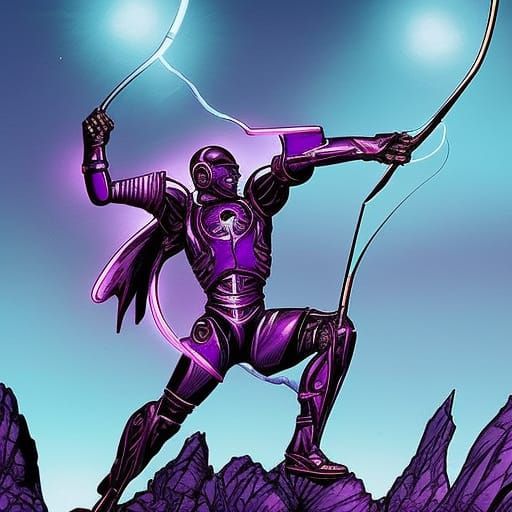 Warforged arcane archer, shooting an arrow through the air as purple energy streams behind it. 