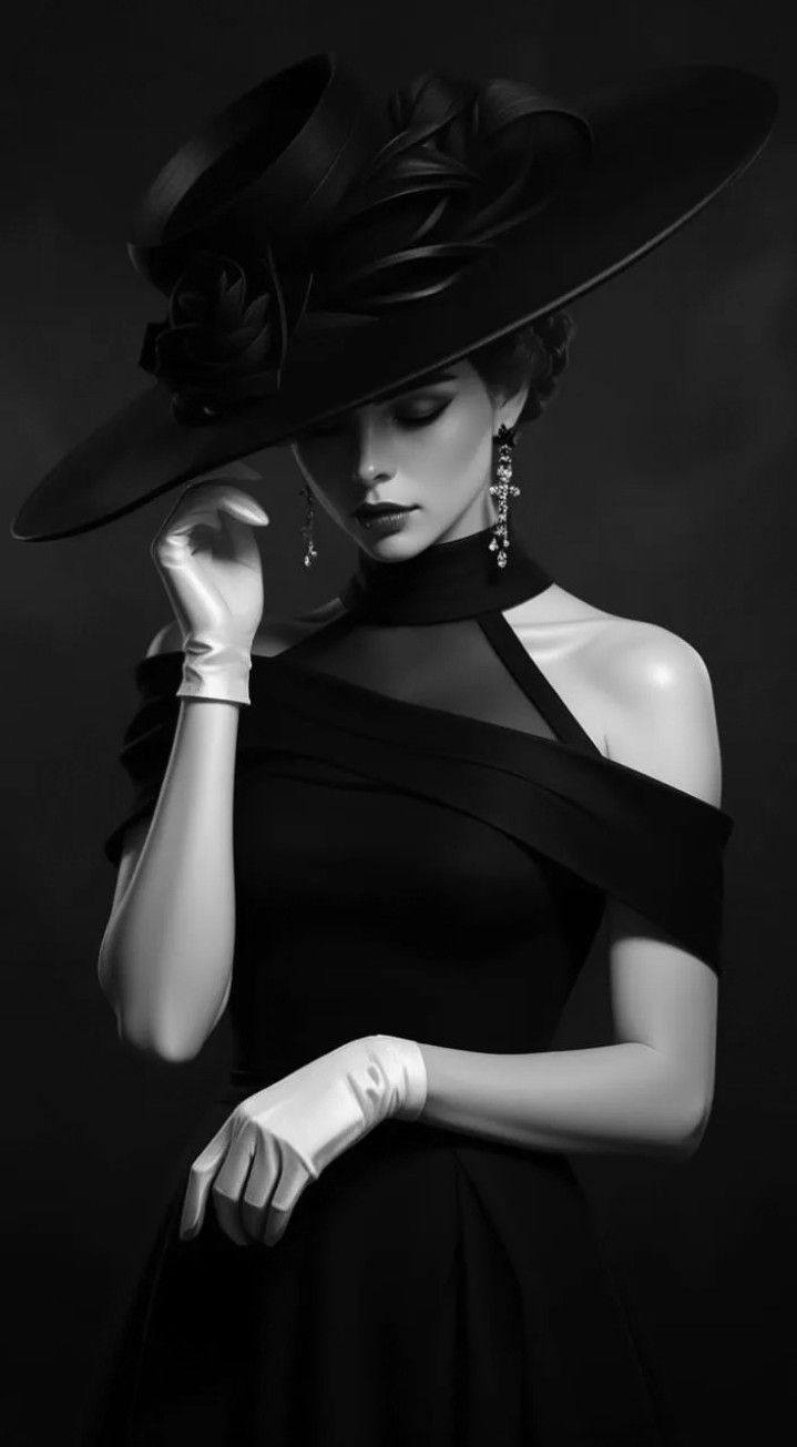 A POISED WOMAN IN A DRAMATIC BLACK STRAPLESS GOWN AND AN OPU...