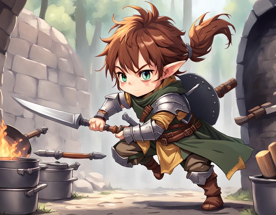 Anime halfling fighter in his early twenties using cookware for weapons and armor 
