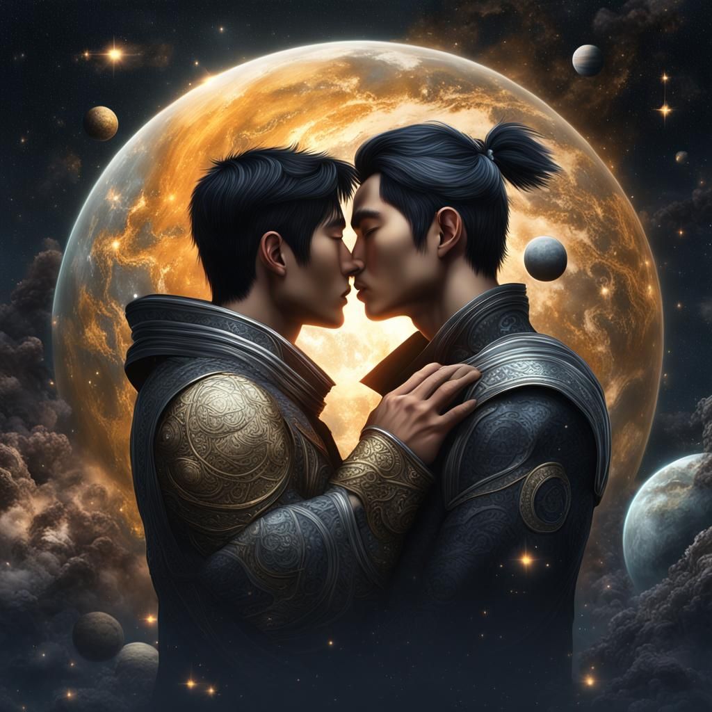 Two beautiful Asian dream men kissing and hugging are the ce...