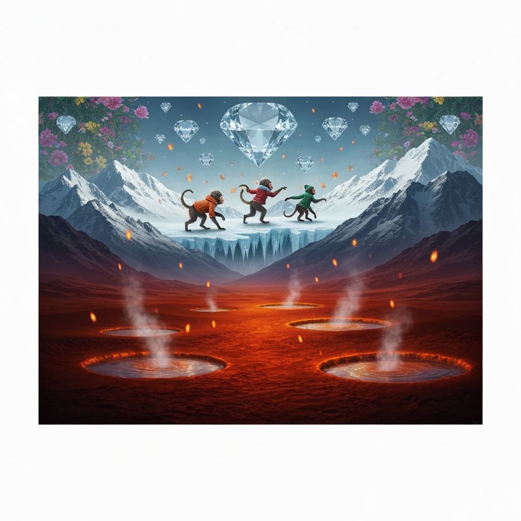 Monkeys Skate Icy Mount Hermon in Matte Painting Style