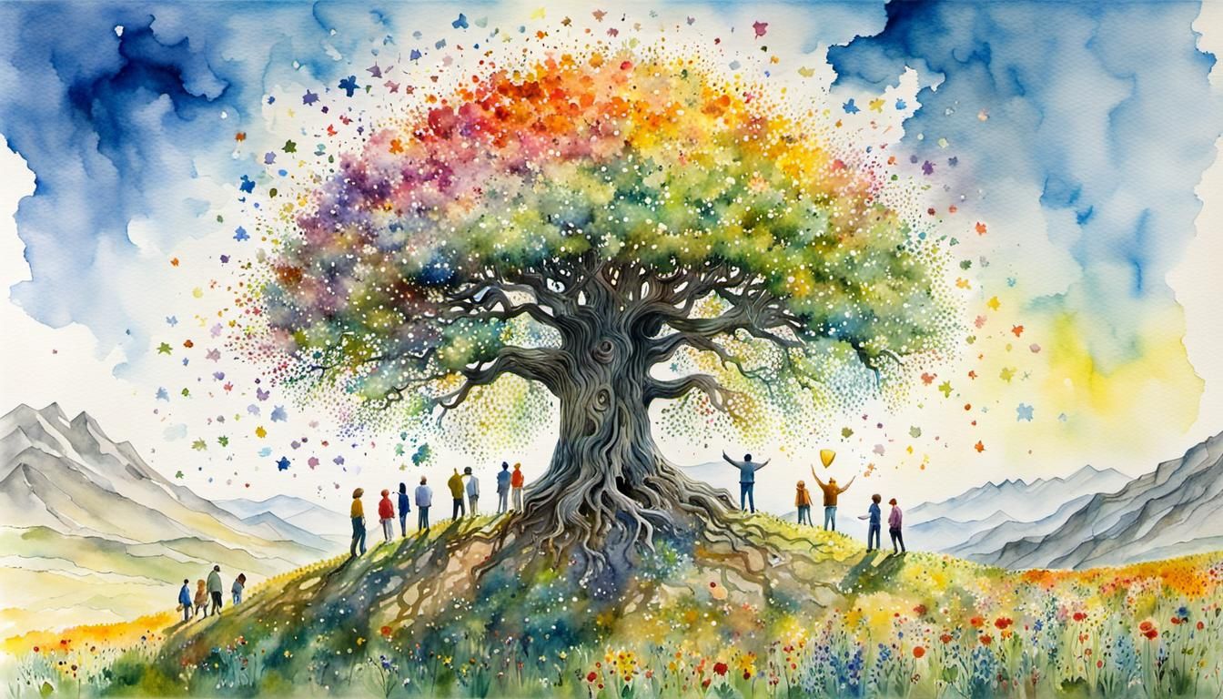 Prismatic Watercolor Painting of the Giving Tree by Shel Silverstein surrounded  by men, women, boys ...  by @TC