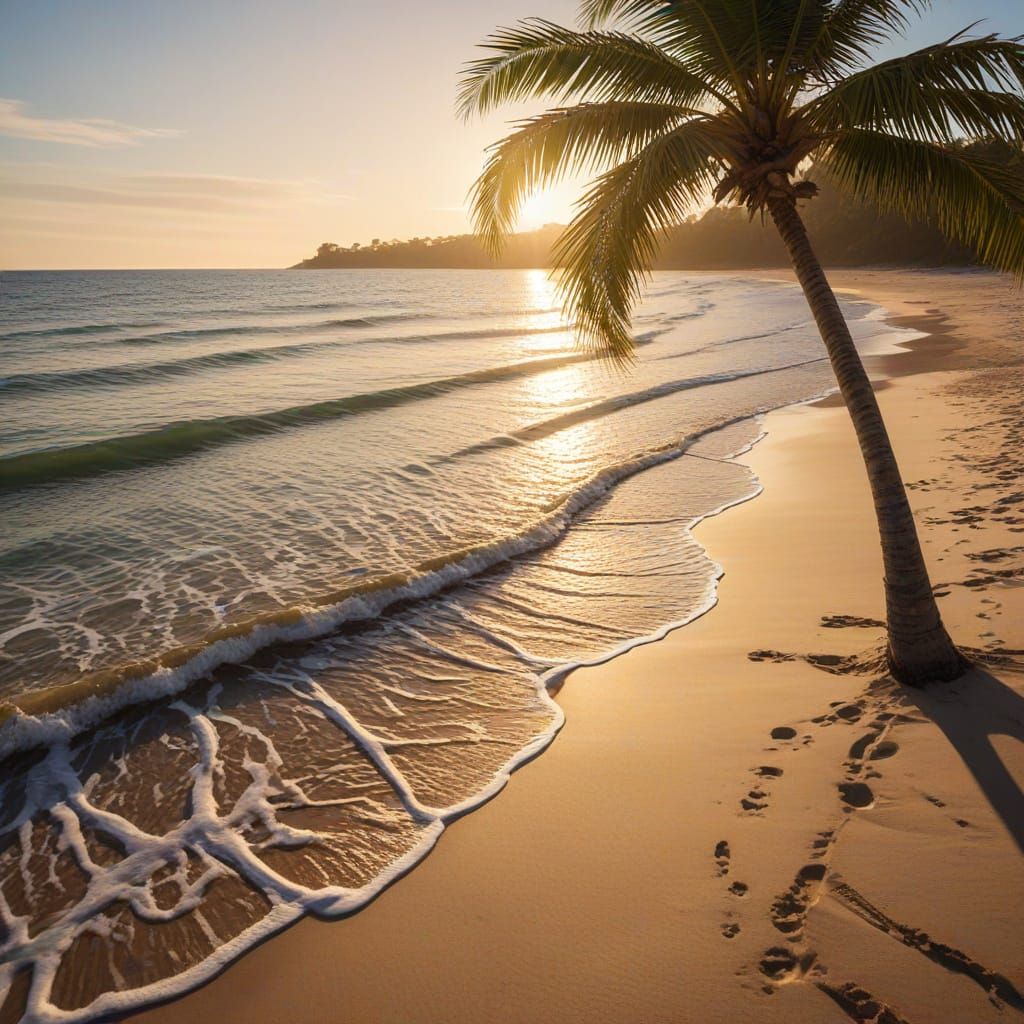 Lush Tropical Beach with Palm Tree at Golden Hour