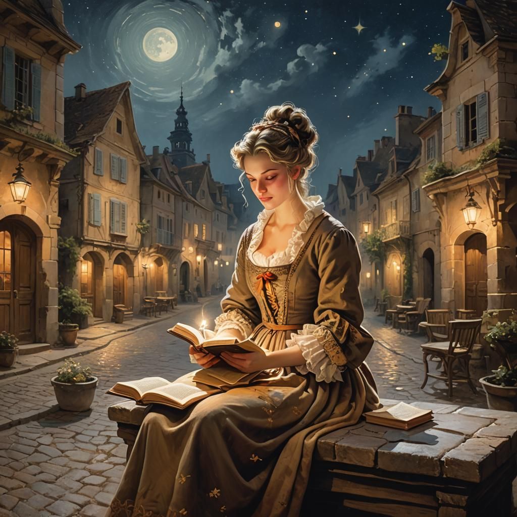 A young woman in a village reading a book with a lamplight in night  by @bekarno89183