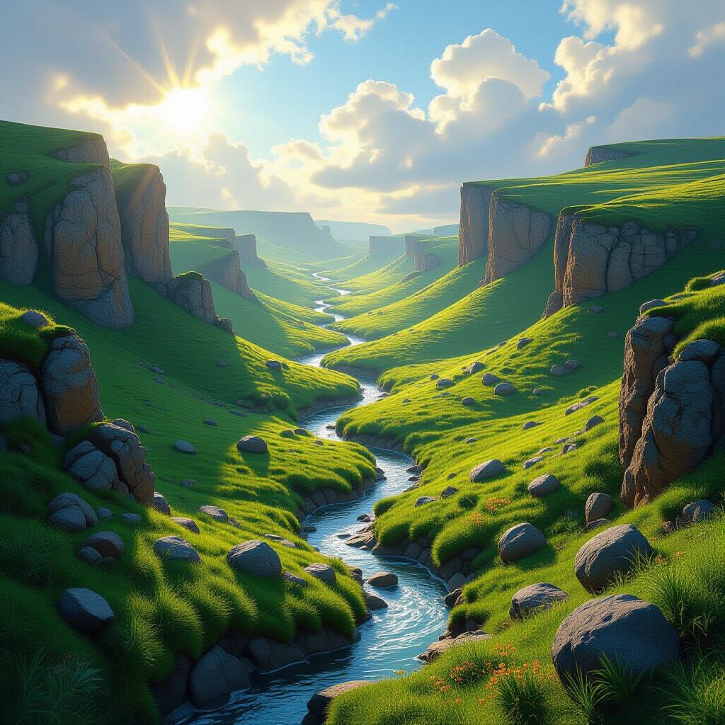 הנחל מזגזג בעמק הירוק שבין הצוקים