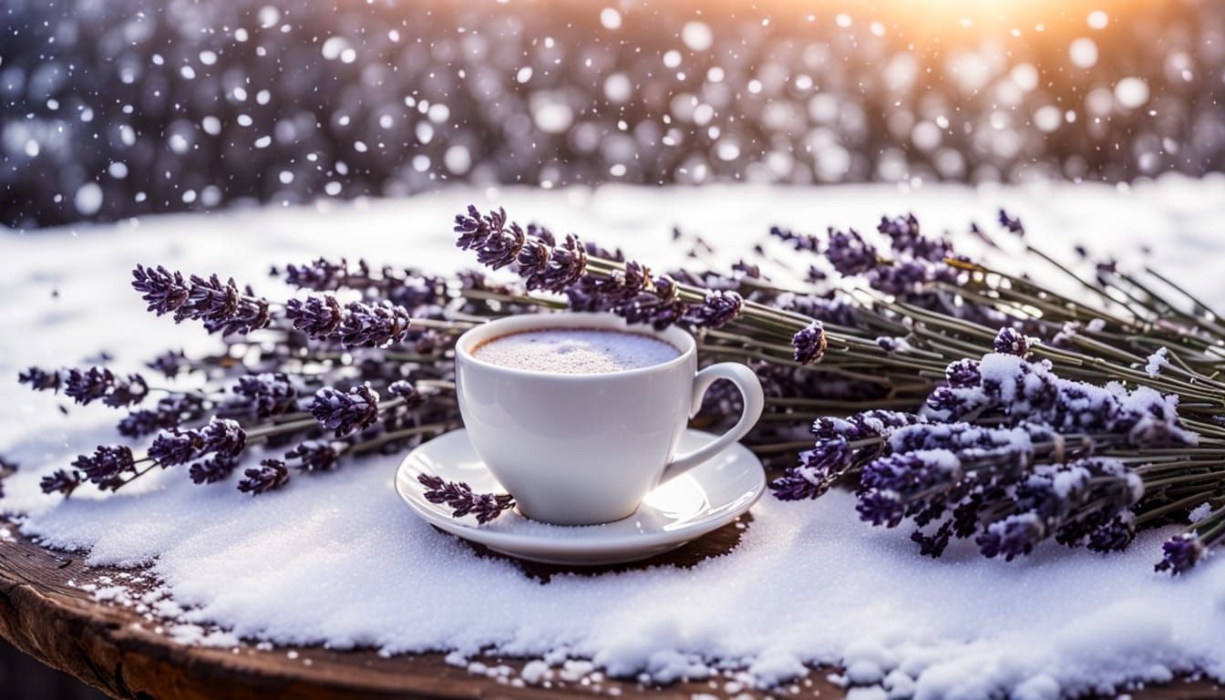Snowy Lavender and Coffee on Antique Table