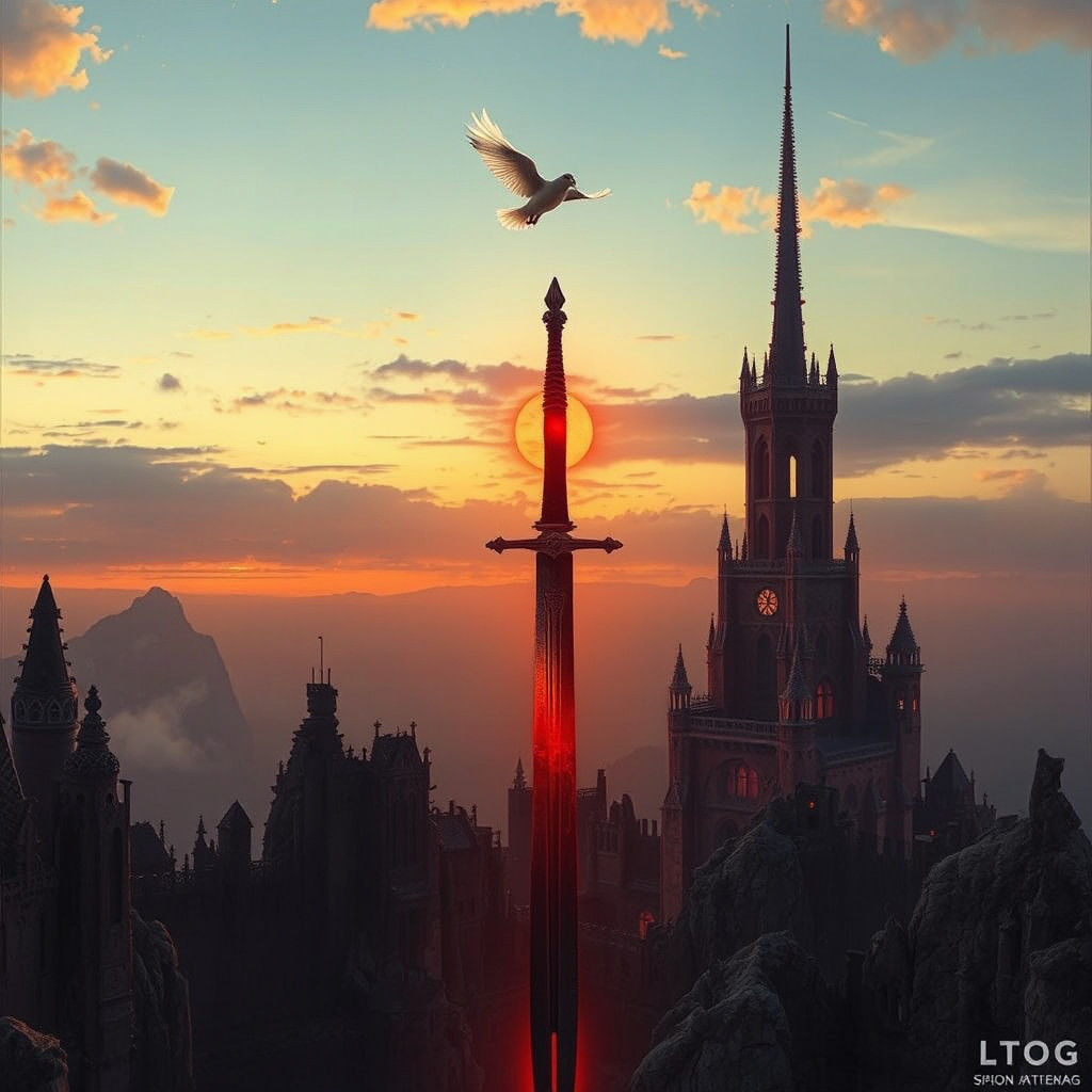 Ethereal Sunset Over Gothic Cityscape