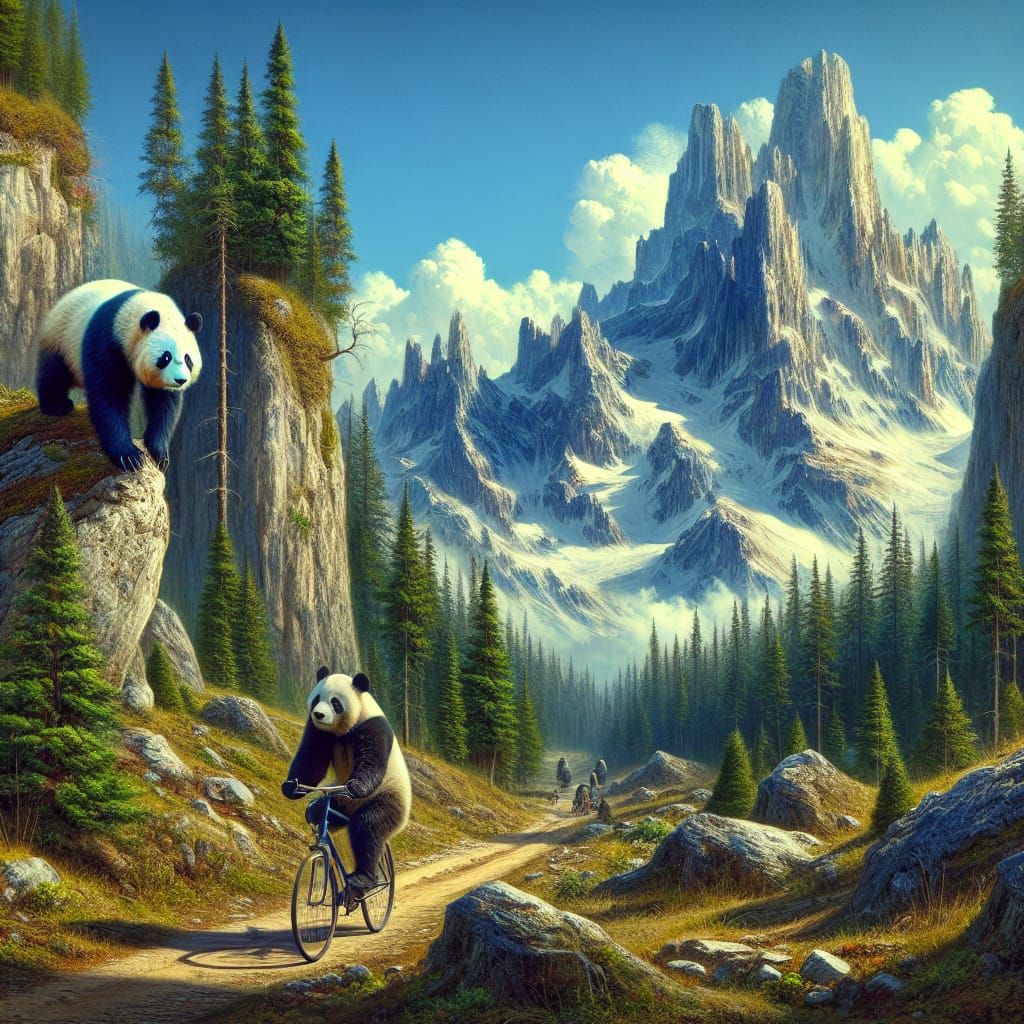 A panda bear riding a bicycle along a mountain trail. The pa...