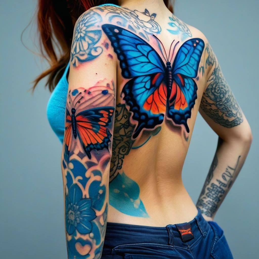 a beautiful small butterfly colored blue and tattooed on the...