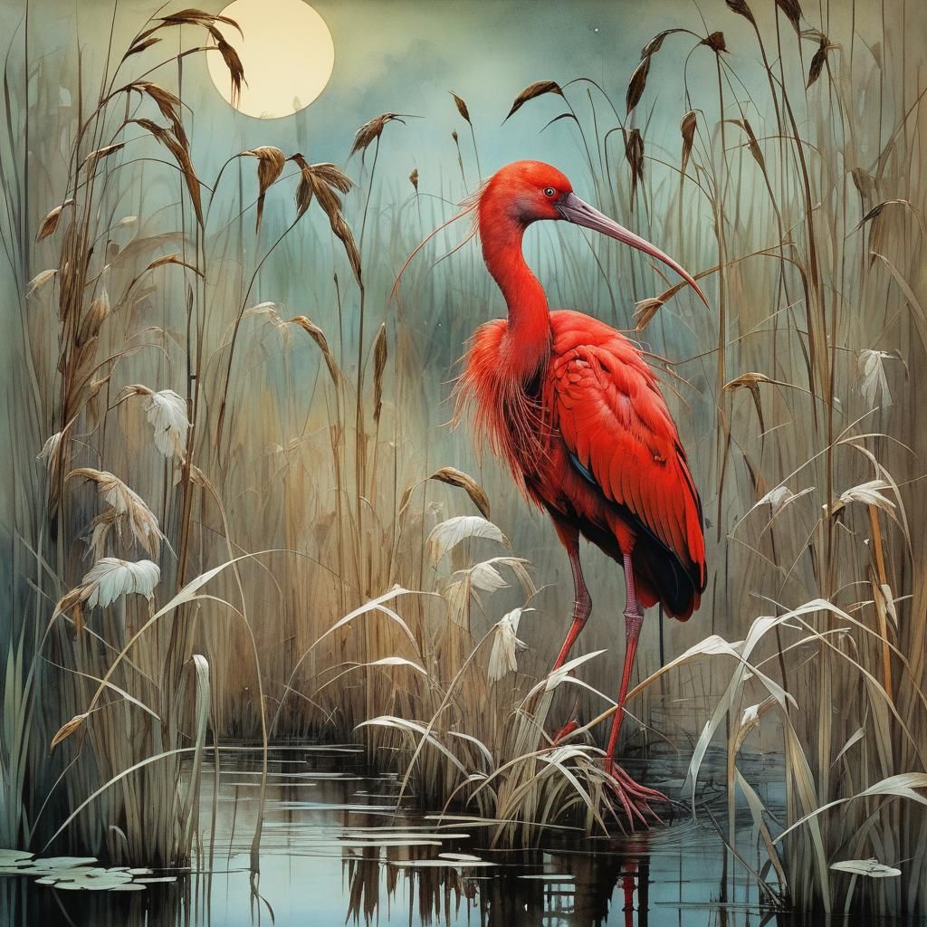beautiful scarlet ibis in the reeds  by @Mapont