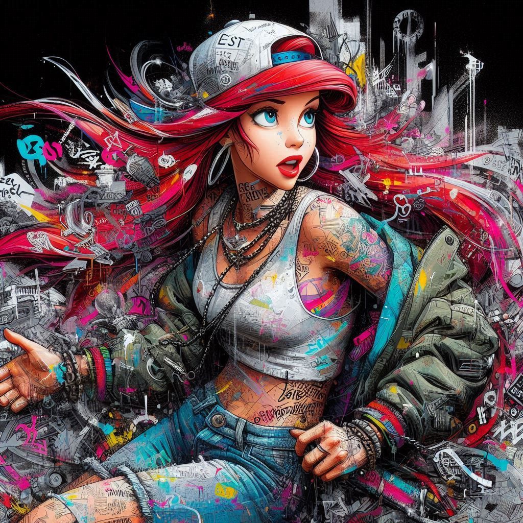 Ariel in urban outfit, graffiti-style
