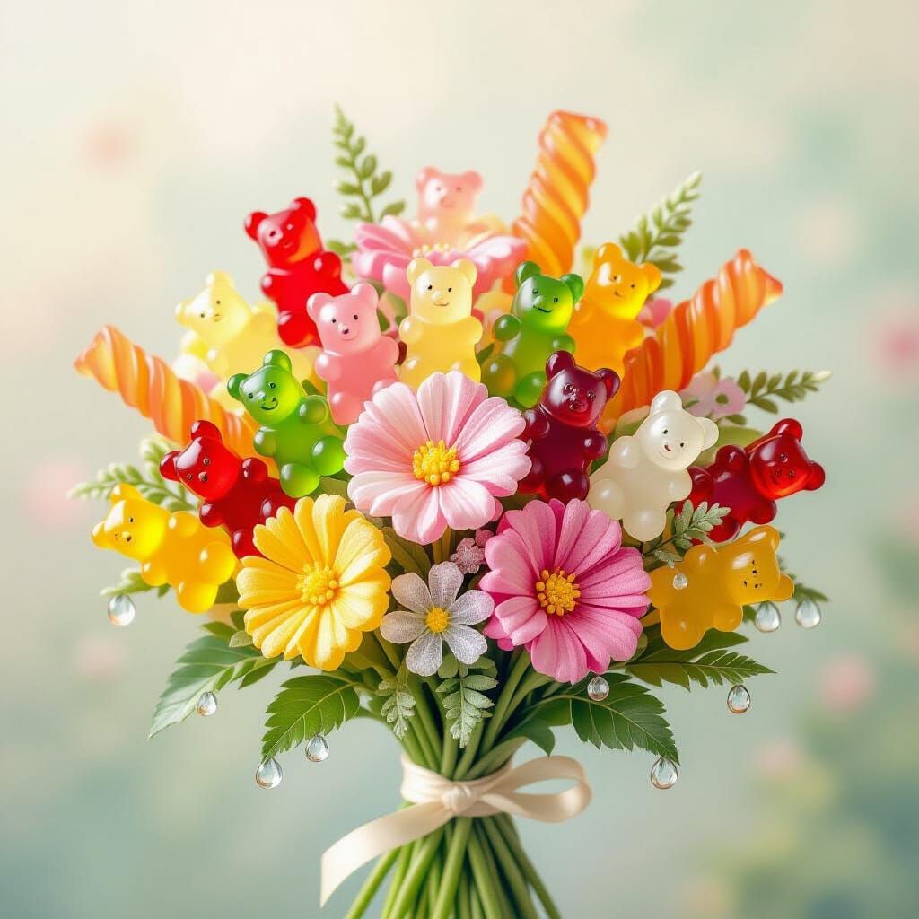 A vibrant bouquet of fantastical flowers, each petal and stem made from colorful candies like gummy bears, ...  by @marloblack