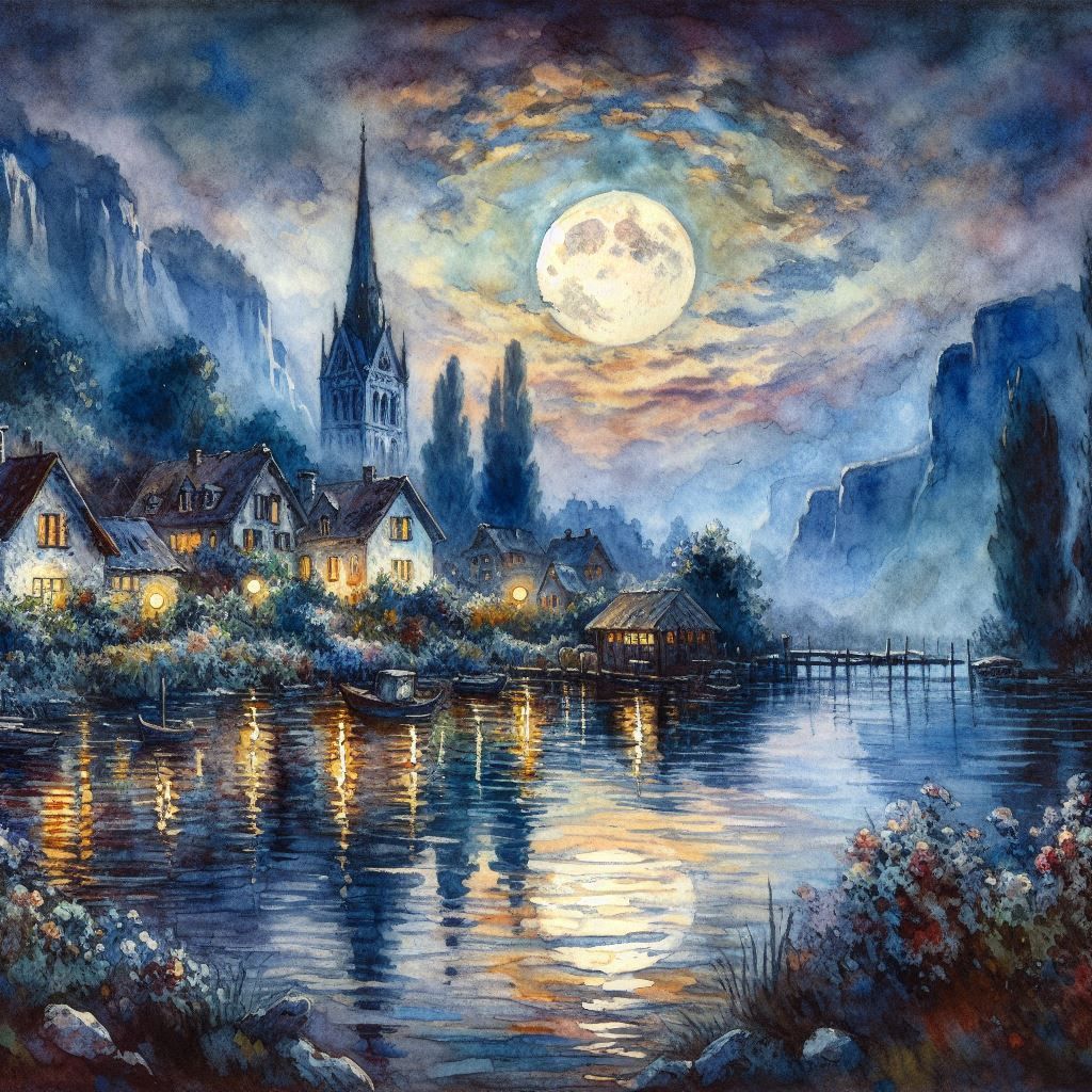 Waterclor Moonlit scene