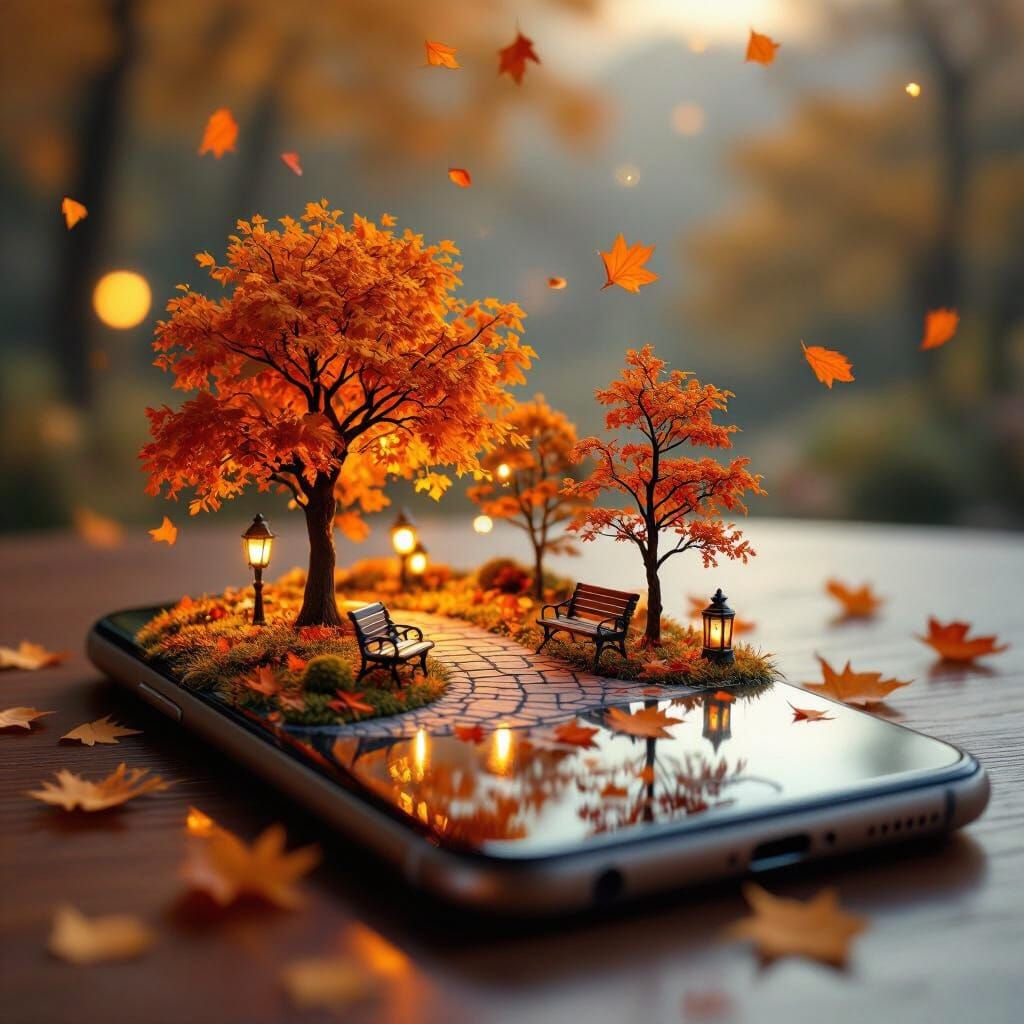 On the surface of a smartphone lying on a table, a whole miniature autumn park is growing: tiny trees ...  by @Zacharo