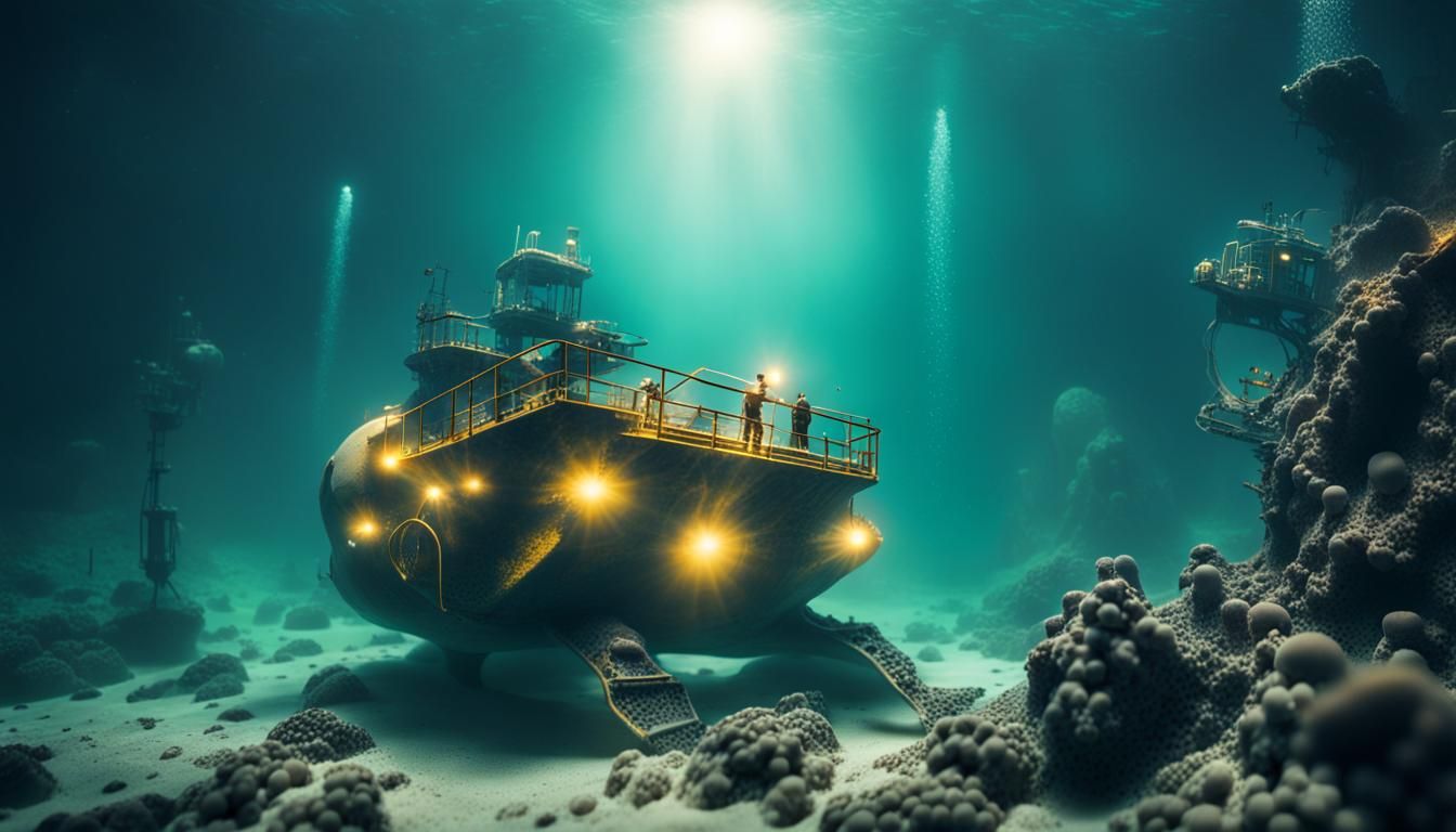 Futuristic underwater mining operation in an alien sea
