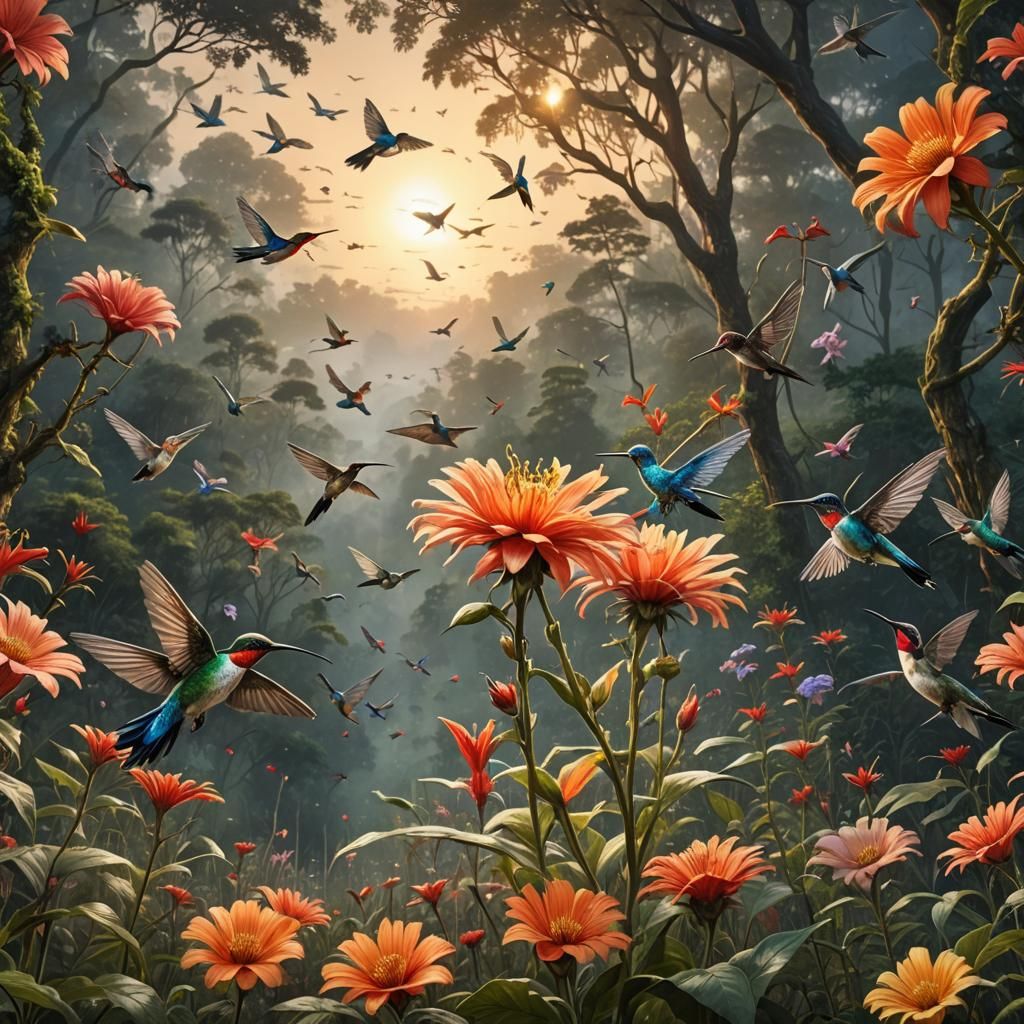 Humming birds in flight