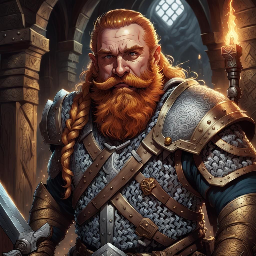 Dwarf of Mithral Hall, chainmail, Battleaxe in right hand, Ginger ...