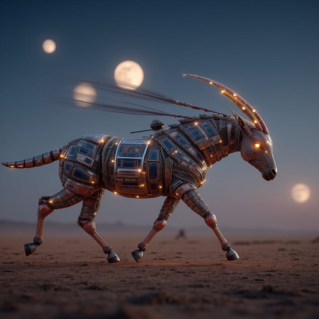 <lora:Animal Mutants:1.0> HD photography of a sci-fi alien mutant zebra with solar-panelled hide and radial leg articulation, charging acros...