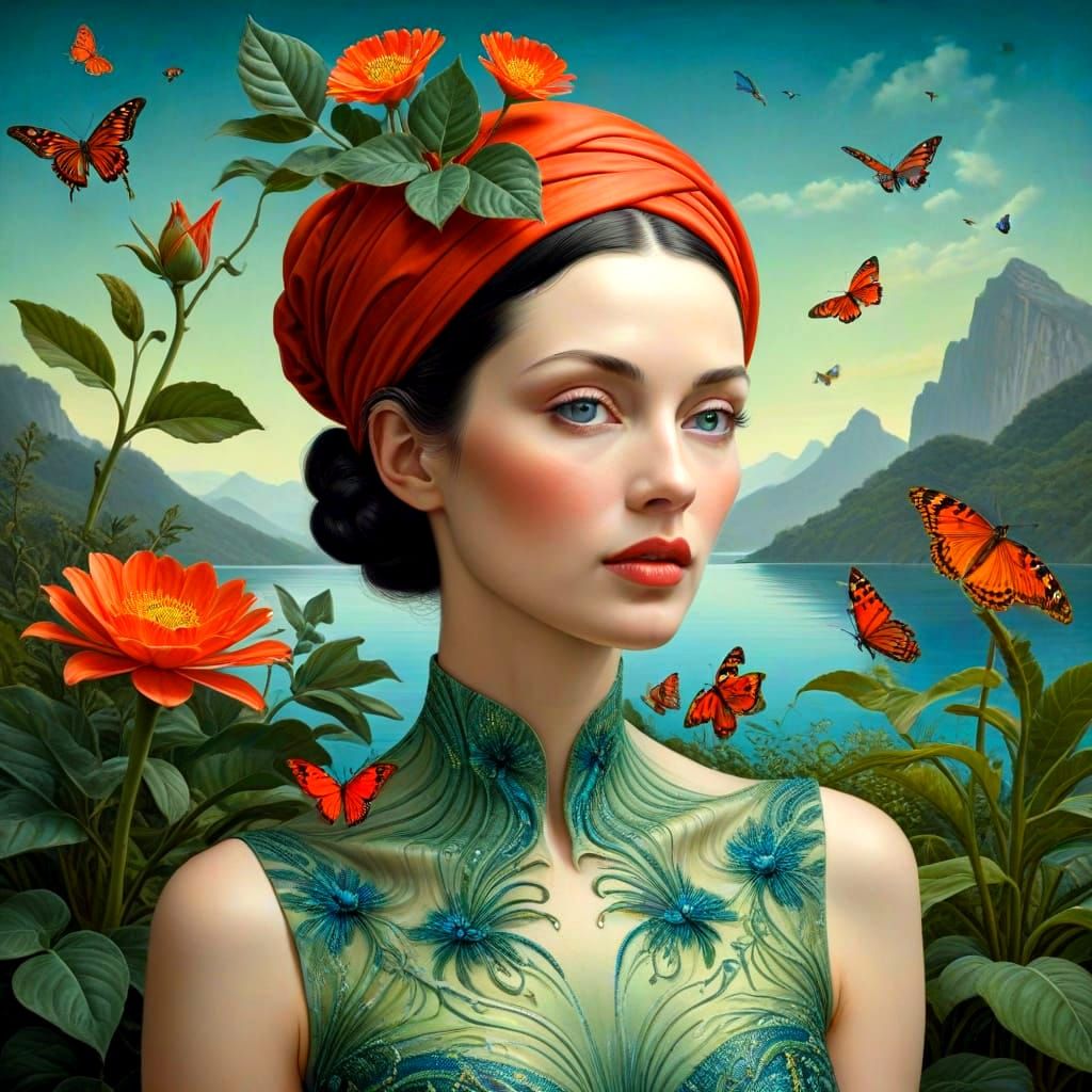 Surreal Woman in Vibrant, Fantastic Landscape
