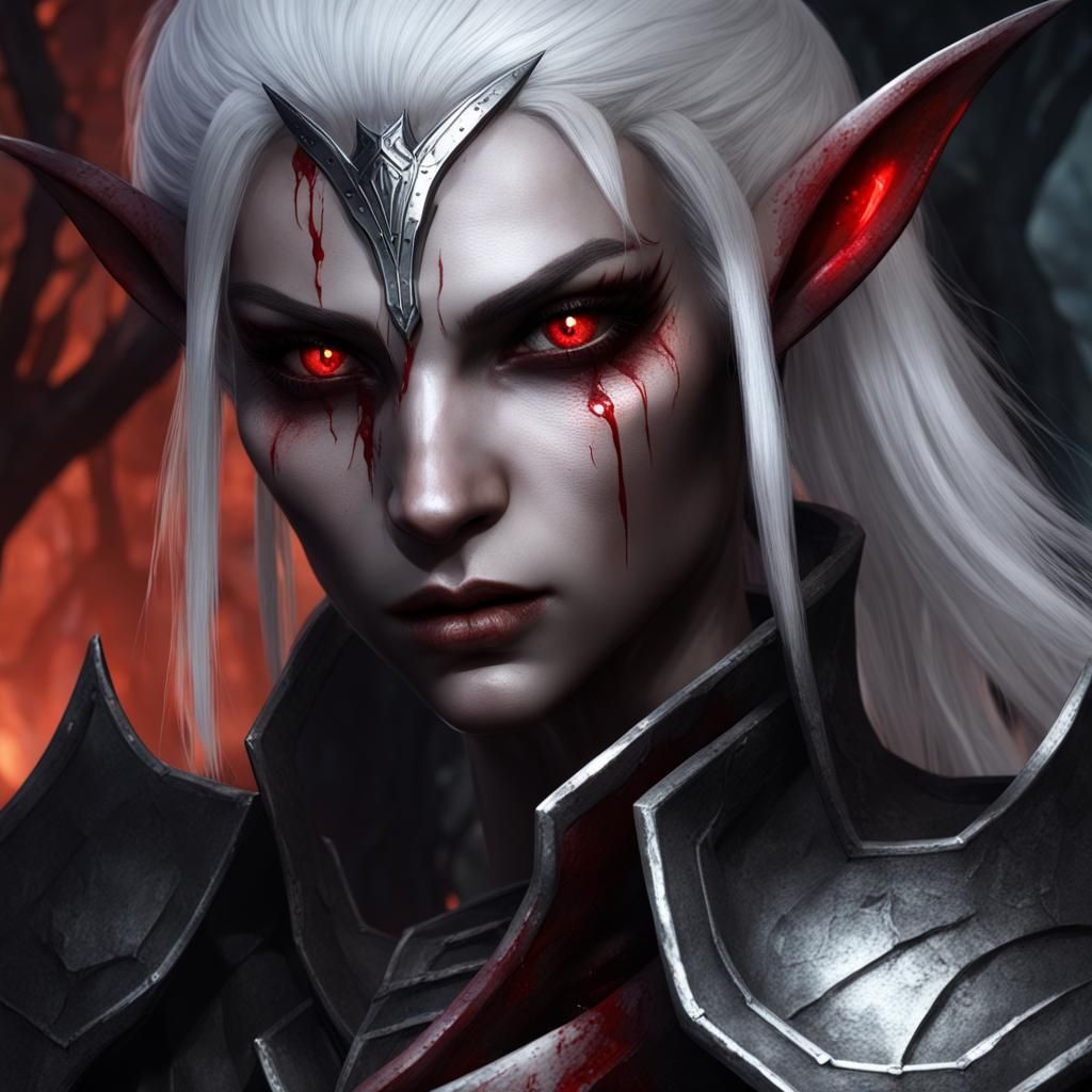 Up Close Of Dark Elf Female With Red Eyes And Platinum Hair Scowling 