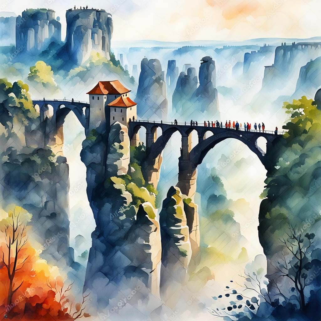 Misty Bastei Bridge in Gouache Style