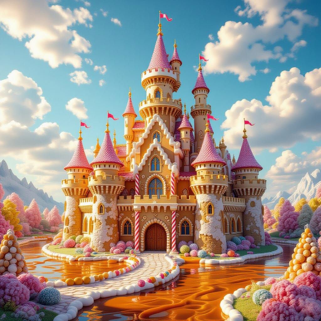 A grand medieval castle sculpted entirely from gingerbread, with frosting battlements and candy cane ...  by @CrazyMama