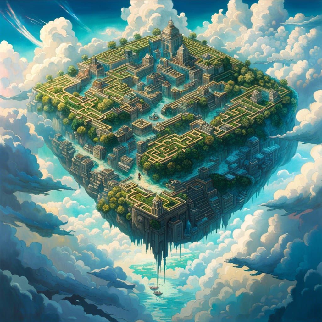 Extremely detailed film centred view of maze in island made out of clouds in sky, cloudcore, maximalist ...  by @GoldenTinOfBiscuit