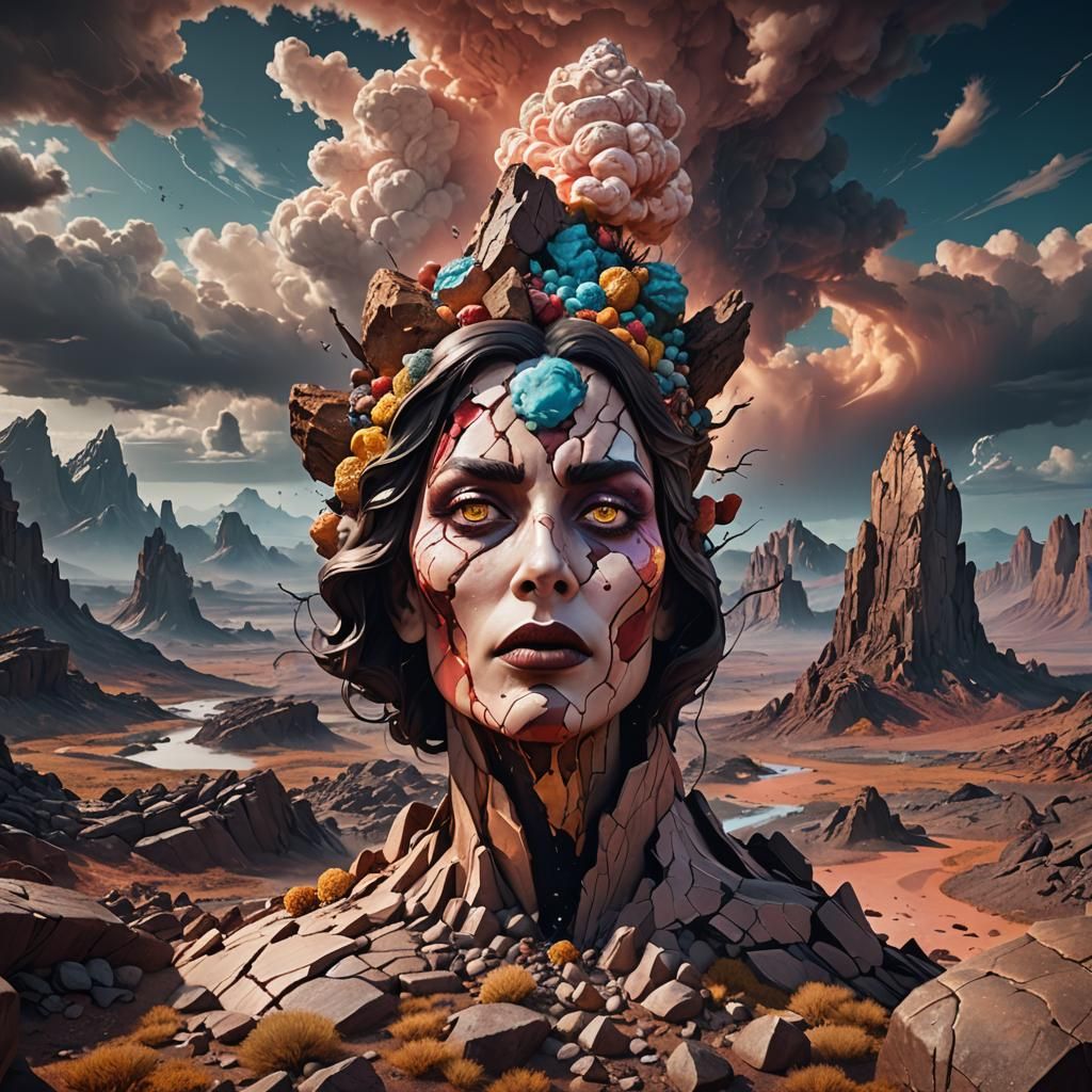 salvator dahli  surrealistic rocky landscape in the form of women with dessert storm in the front that looks like a face