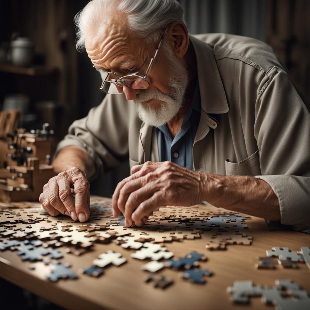 8K high definition, highly detailed, photorealistic, old man working on a beautiful puzzle of an old ...  by @Versatilty